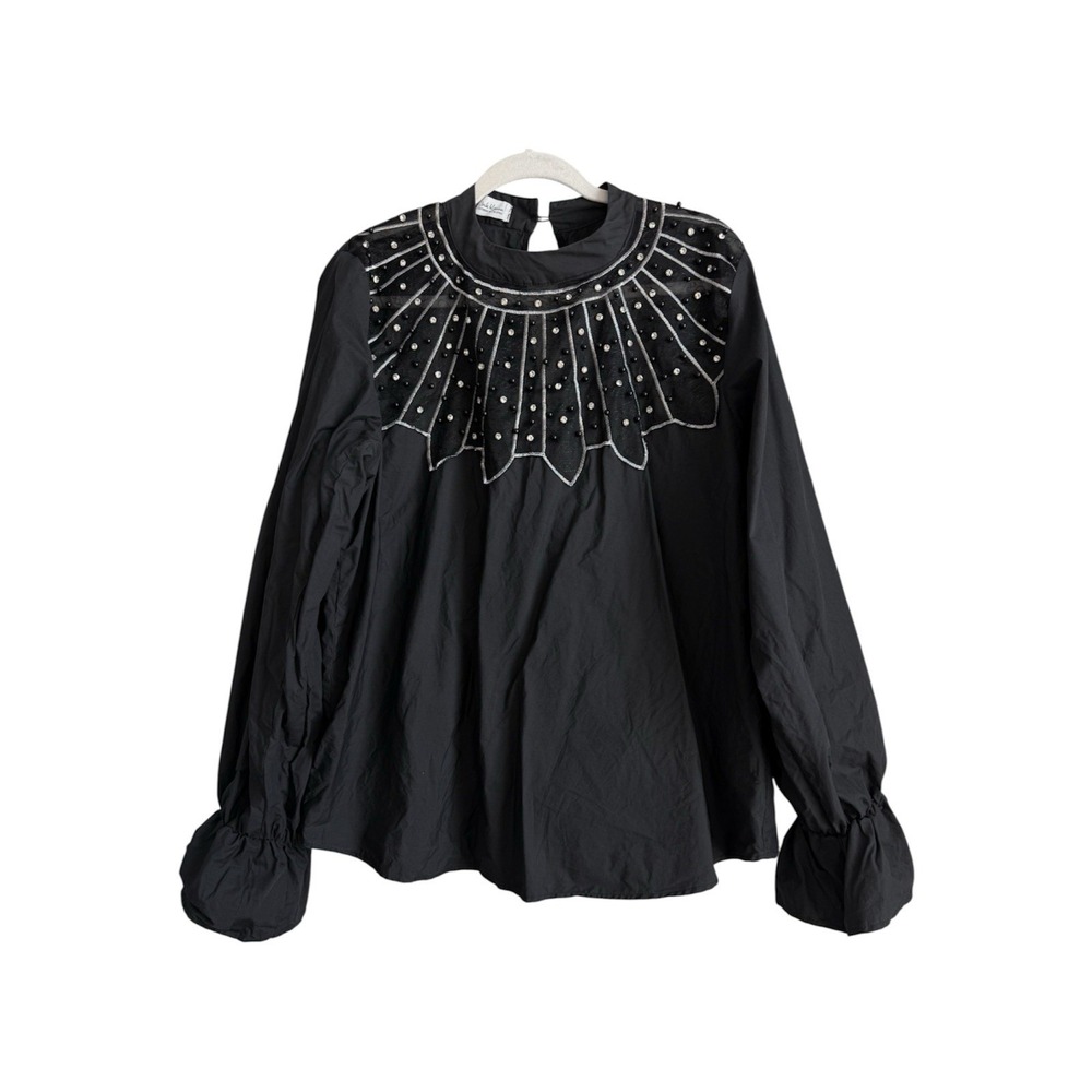 Unik Kvinna Black Embellished Blouse Gothic Glam Art Deco Statement Balloon Top
